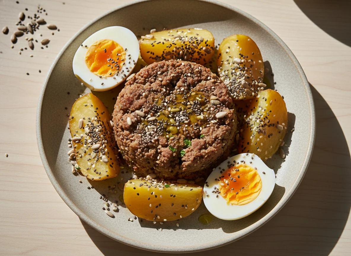 Prato com ovos cozidos, batata e carne moída photo