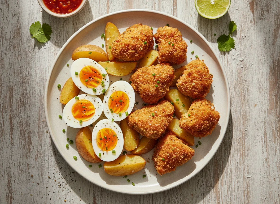 Prato com ovos cozidos, batata e frango frito photo