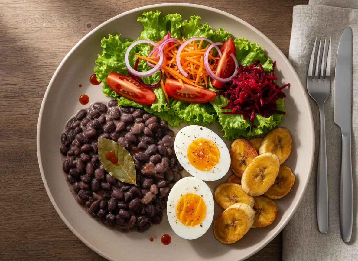 Prato com ovos, feijão, banana e salada photo