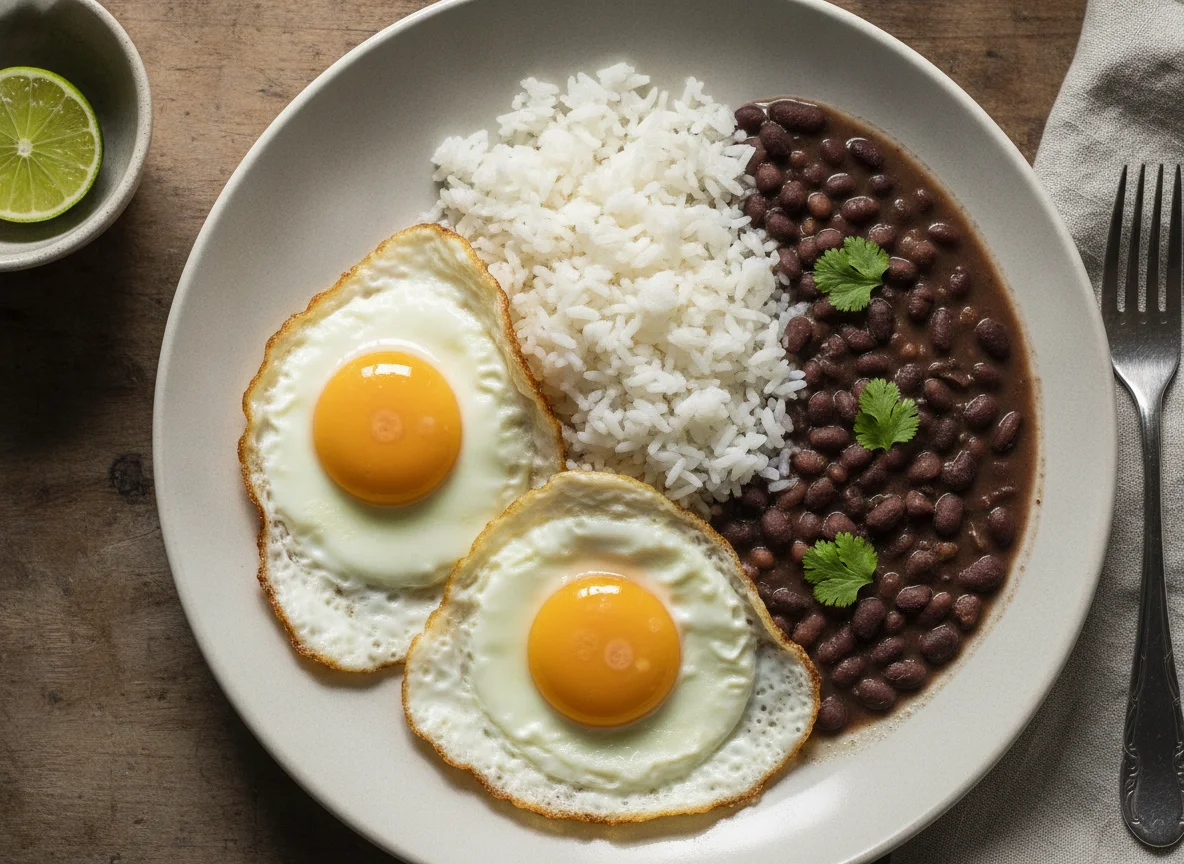 Prato com ovos fritos, arroz e feijão photo