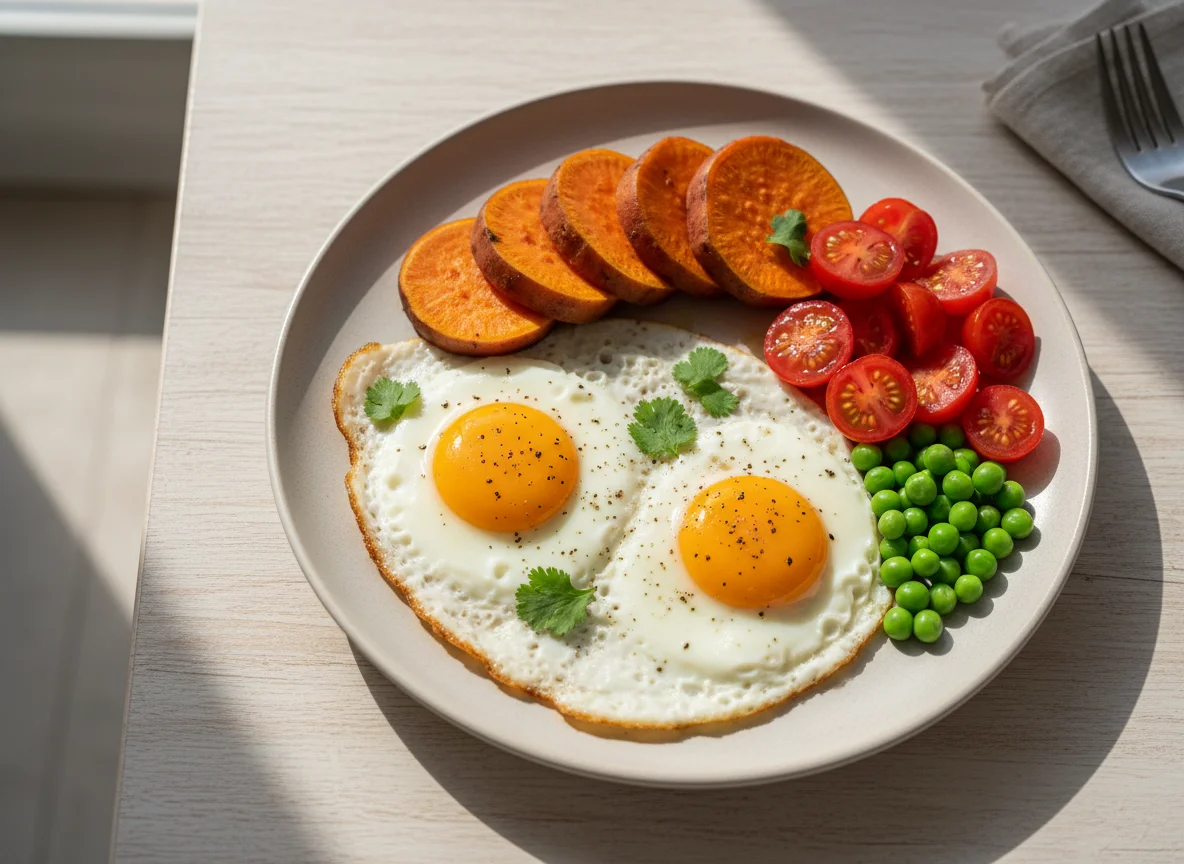 Prato com ovos fritos, batata doce, tomate e ervilhas photo