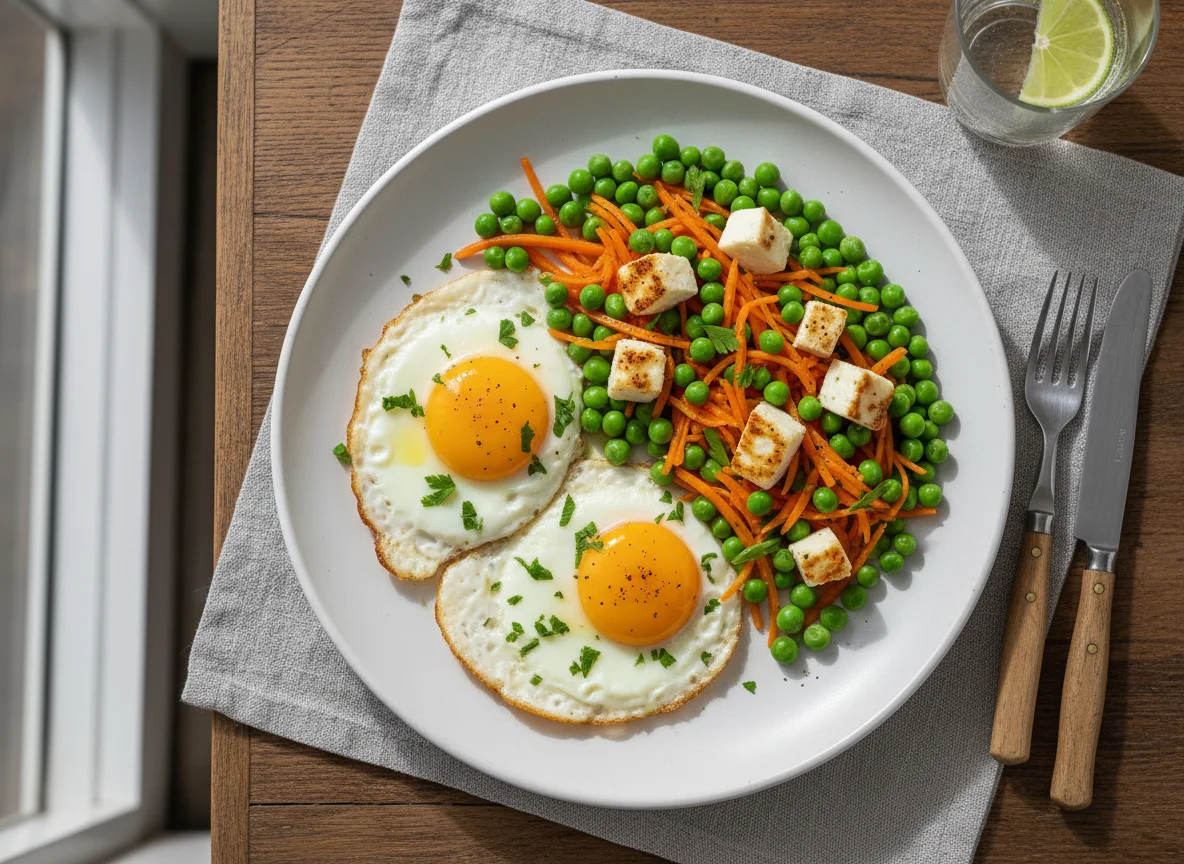 Prato com ovos fritos e vegetais photo