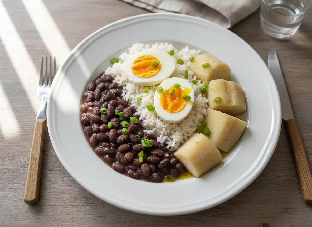 Prato com ovos, inhame, arroz e feijão photo