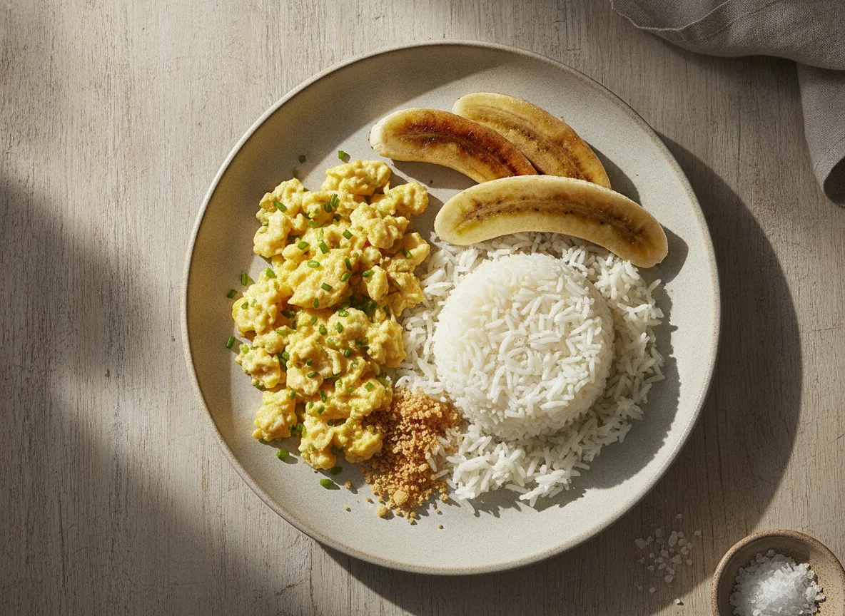 Prato com ovos mexidos, arroz e banana photo