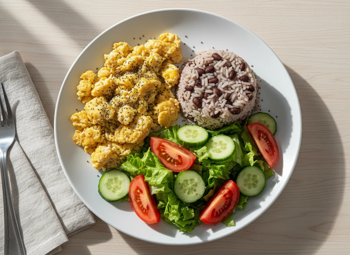 Prato com ovos mexidos, arroz e salada photo