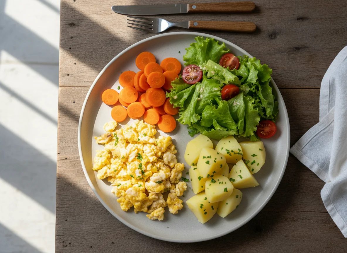 Prato com ovos mexidos, batatas, cenouras e salada photo