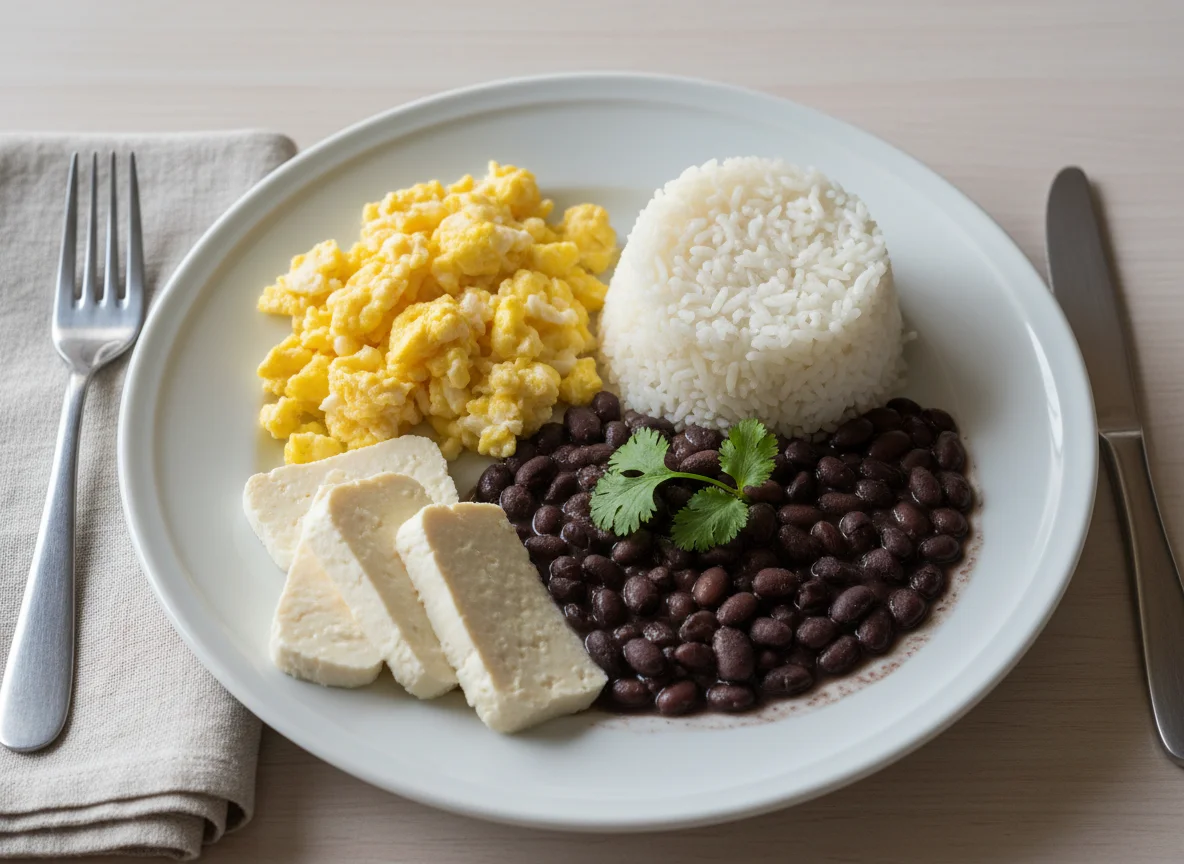 Prato com ovos mexidos, queijo, arroz e feijão photo