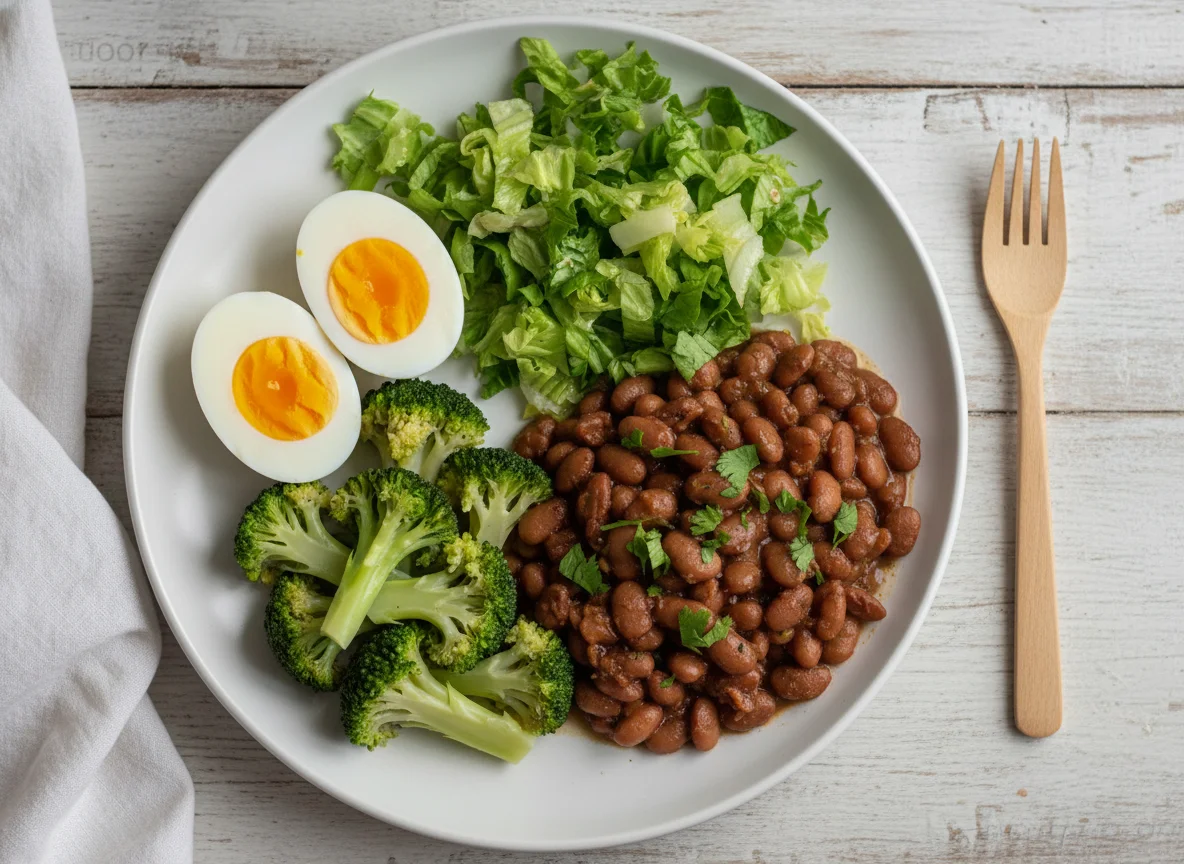 Prato com ovos, salada, brócolis e feijão photo