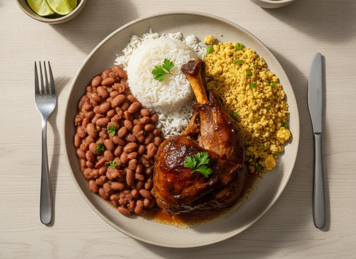 Prato com paleta de cordeiro, arroz, feijão e farofa de ovos photo