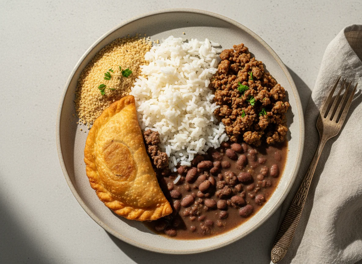 Prato com pastel, arroz, feijão e carne moída photo