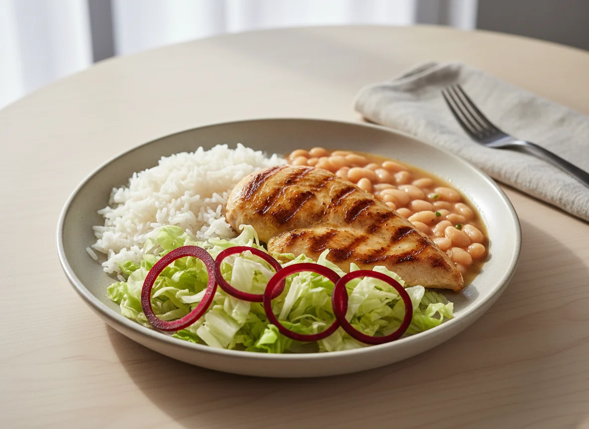 Prato com peito de frango grelhado, arroz, feijão, alface e beterraba photo