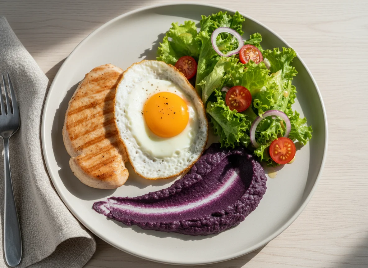 Prato com peito de peru, ovo, puré de batata doce roxa e salada photo