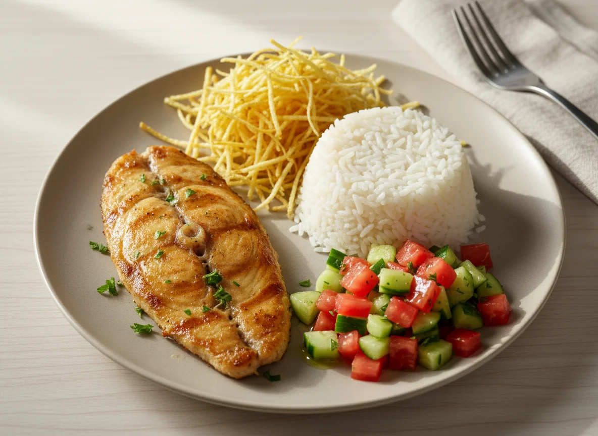 Prato com peixe, arroz, batata palha e salada photo