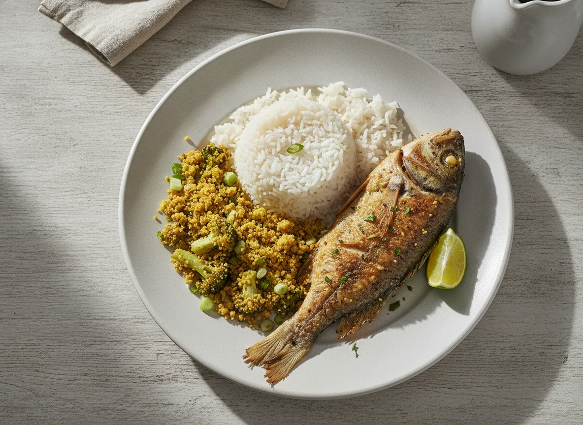 Prato com peixe, arroz e farofa photo