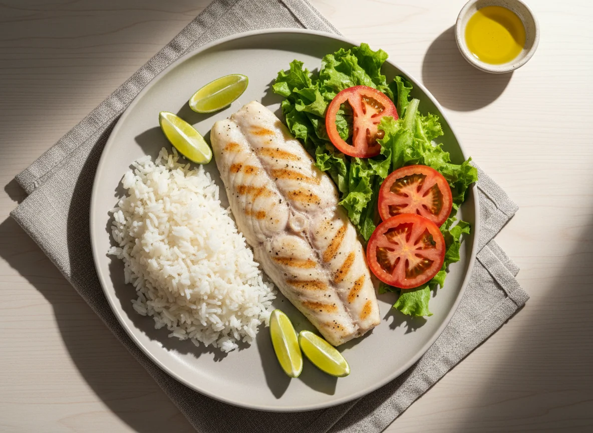 Prato com peixe, arroz e salada photo