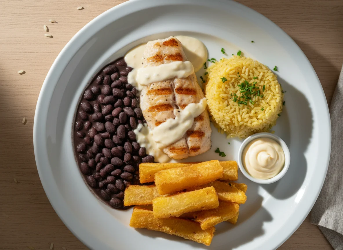 Prato com peixe, arroz, feijão e mandioca frita photo