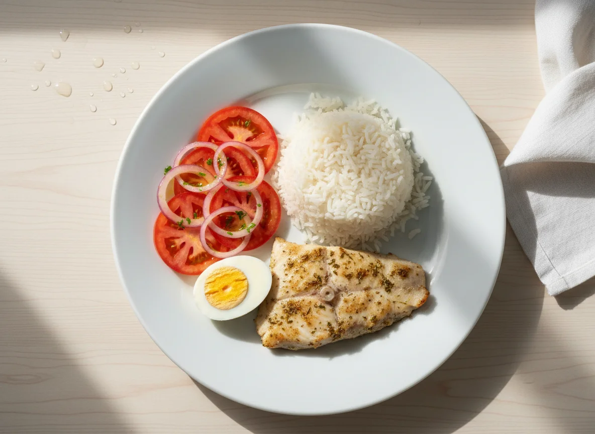 Prato com peixe, arroz, salada e ovo photo