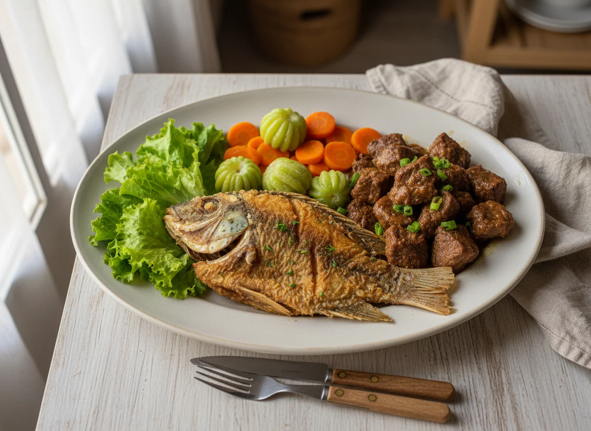 Prato com peixe, carne, salada e legumes photo