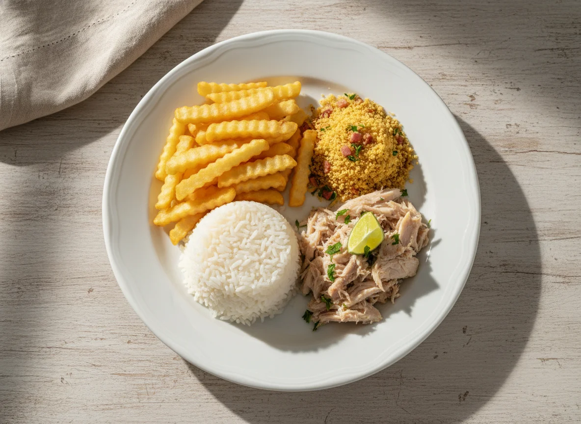 Prato com peixe desfiado, arroz, batata frita e farofa photo