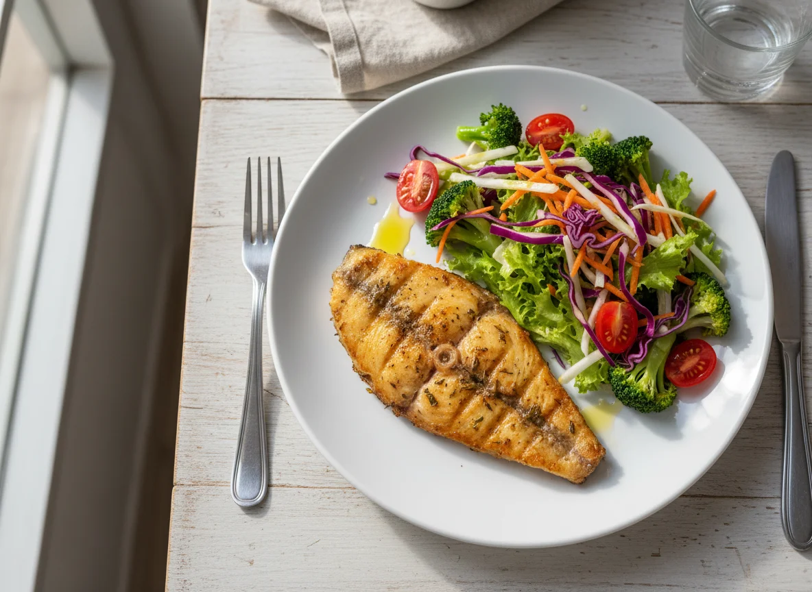 Prato com peixe e salada photo