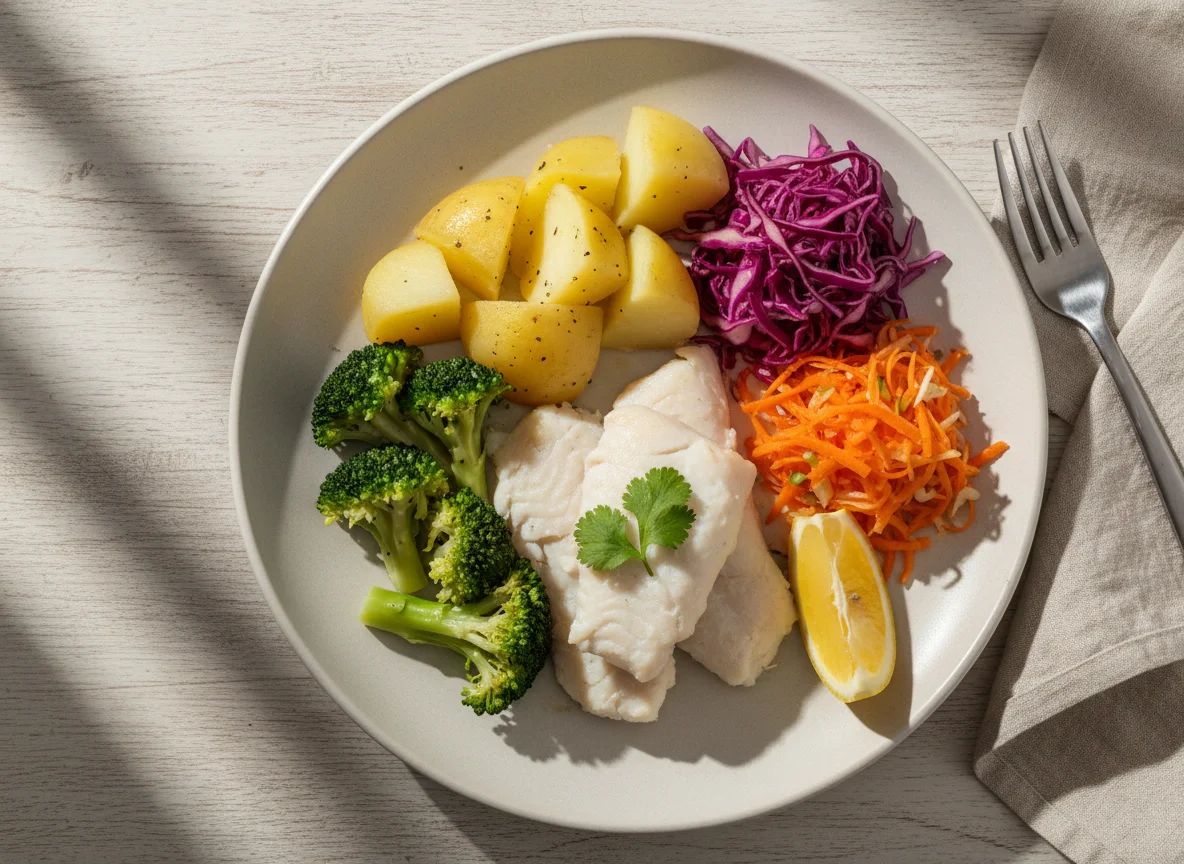 Prato com peixe e vegetais photo