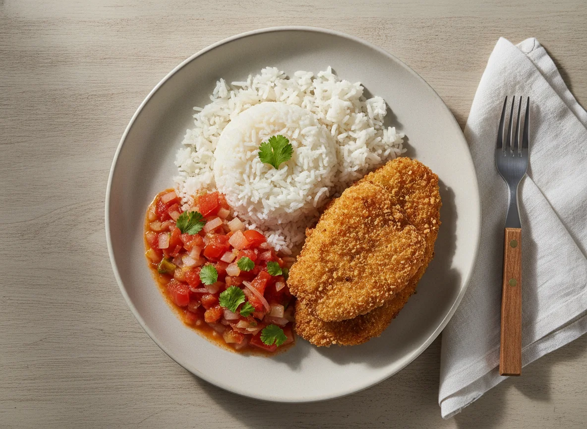 Prato com peixe empanado, arroz e molho de tomate e cebola photo