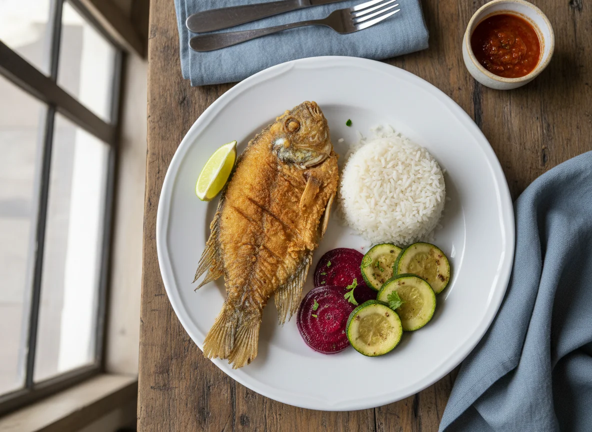 Prato com peixe frito, arroz, beterraba e abobrinha photo