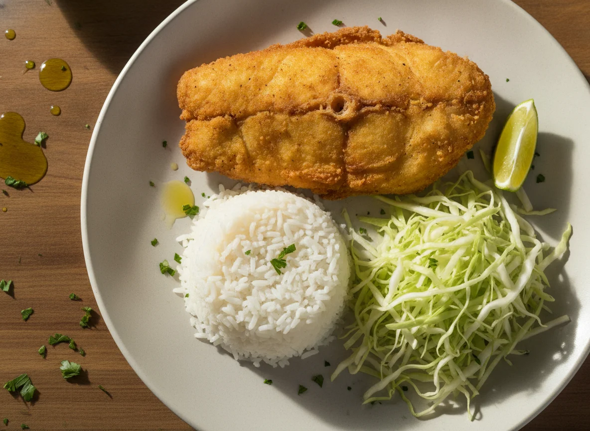 Prato com peixe frito, arroz e repolho photo