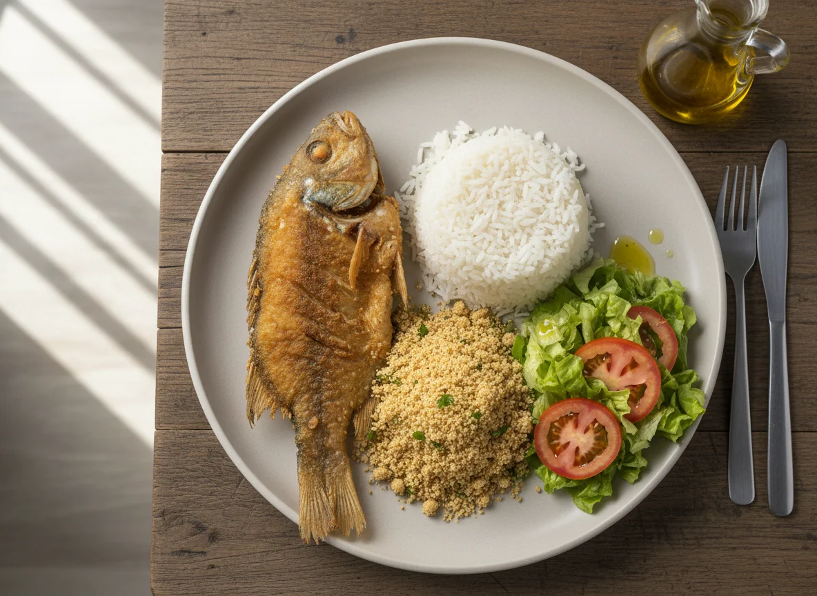 Prato com peixe frito, arroz, farofa e salada photo