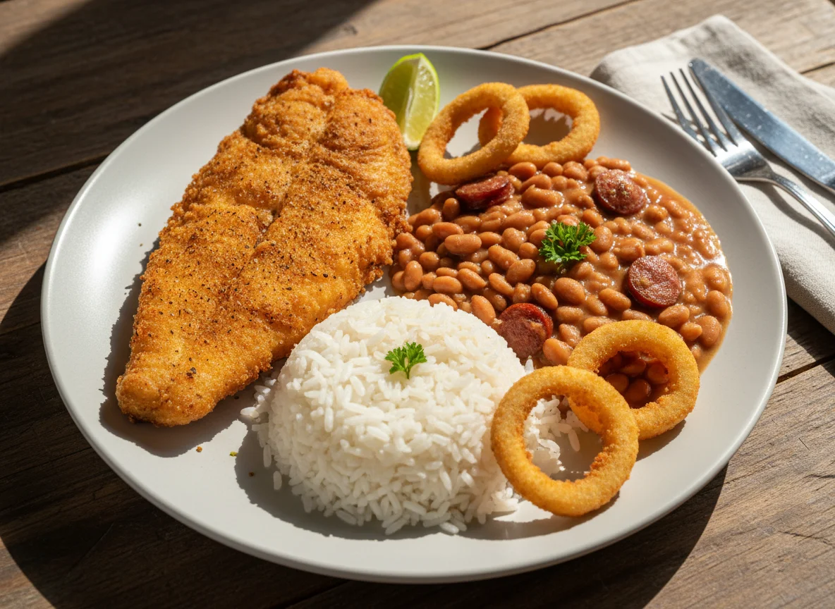Prato com peixe frito, arroz, feijão e anéis de cebola photo