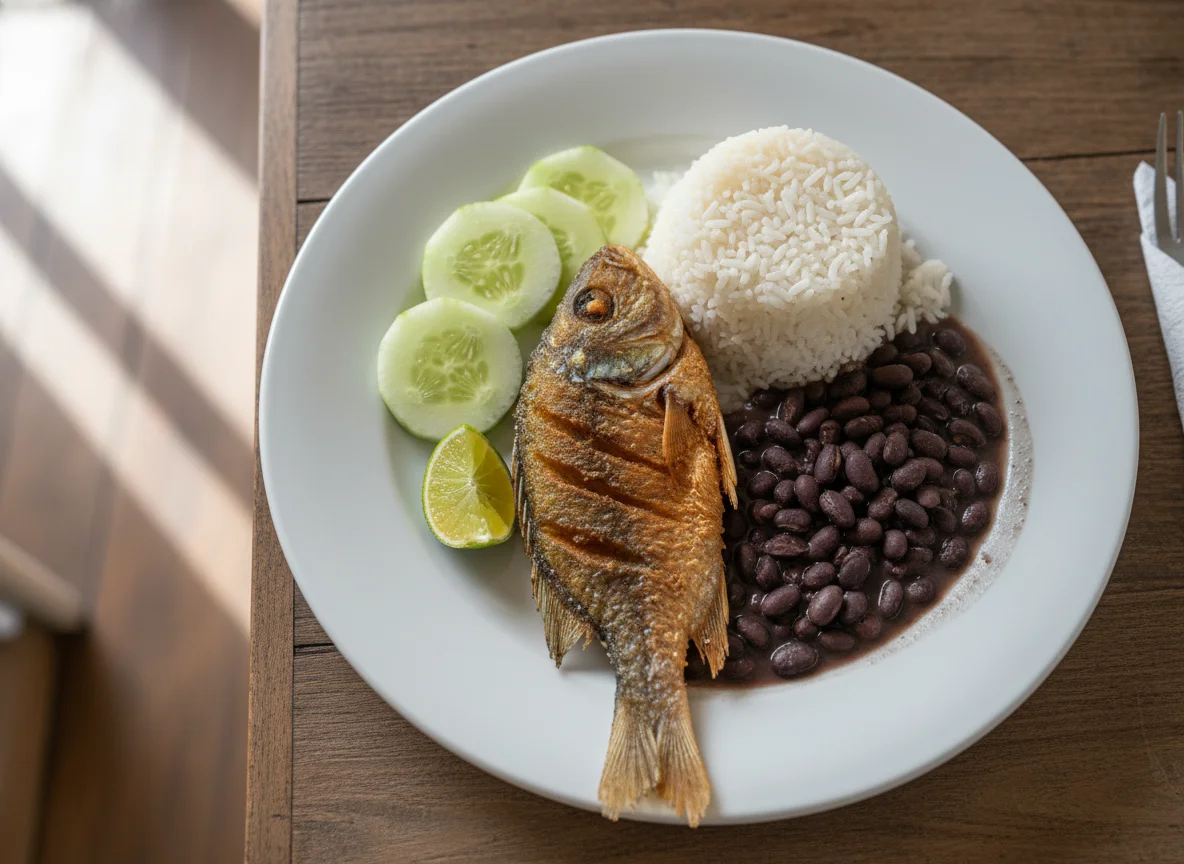 Prato com peixe frito, arroz, feijão e pepino photo