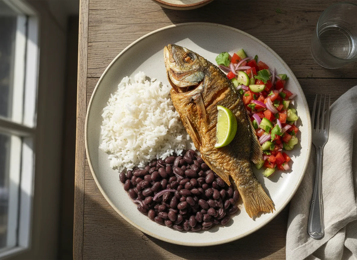 Prato com peixe frito, arroz, feijão e vinagrete photo