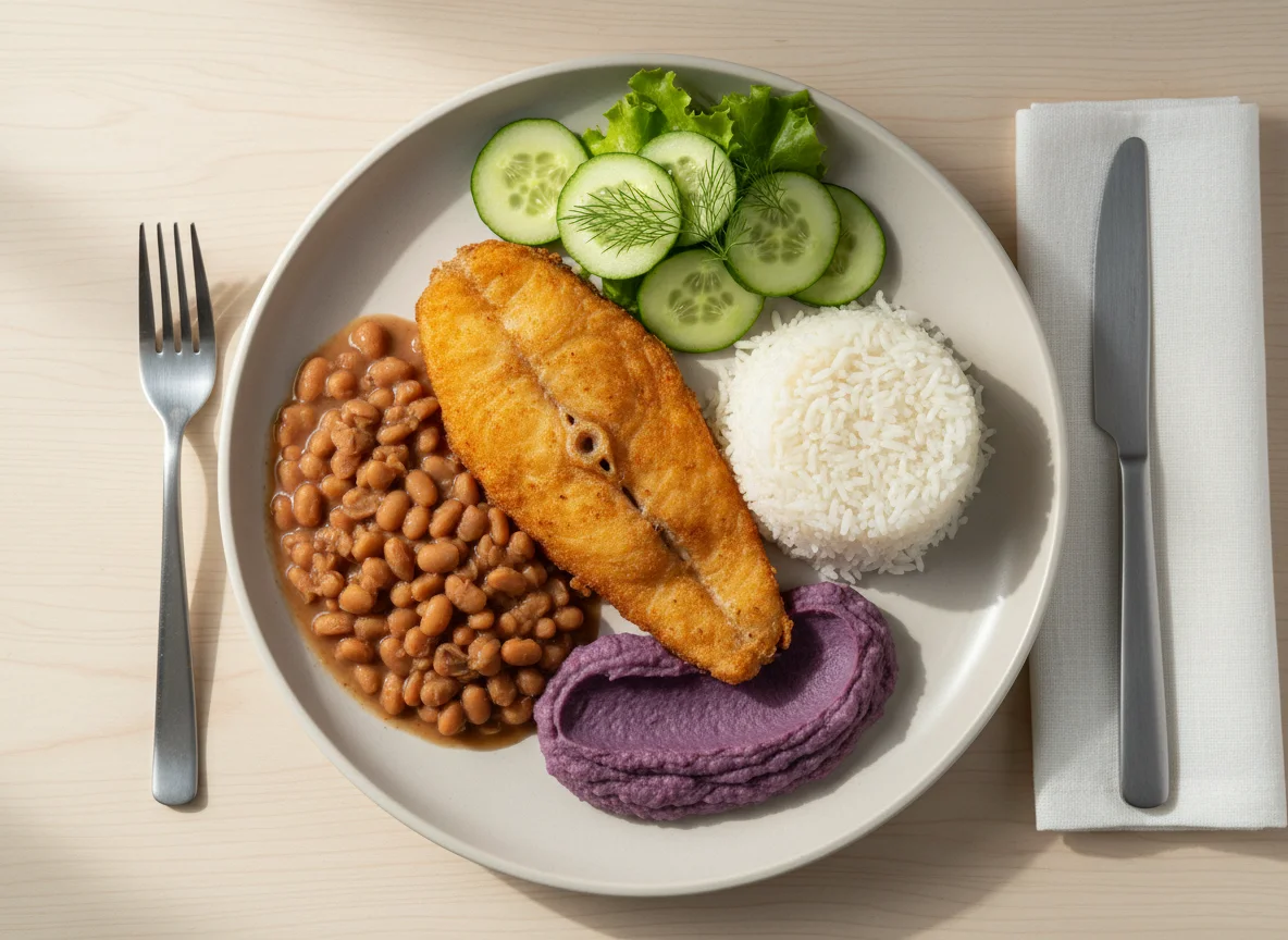 Prato com peixe frito, arroz, feijão, purê de batata roxa e salada de pepino photo