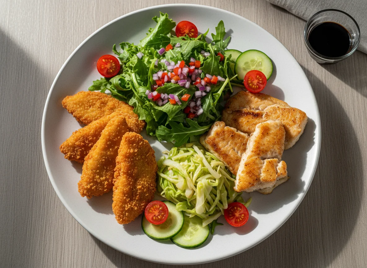 Prato com peixe frito e salada photo