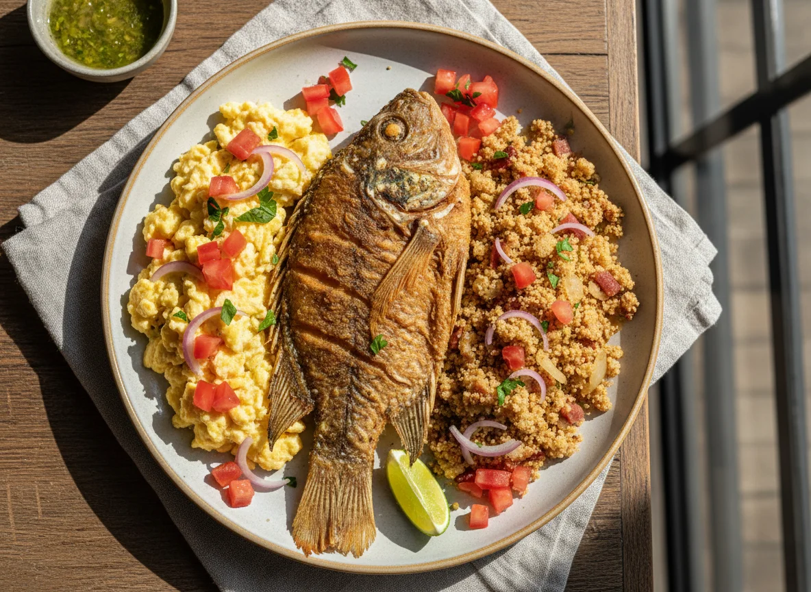 Prato com peixe frito, ovos mexidos e farofa photo