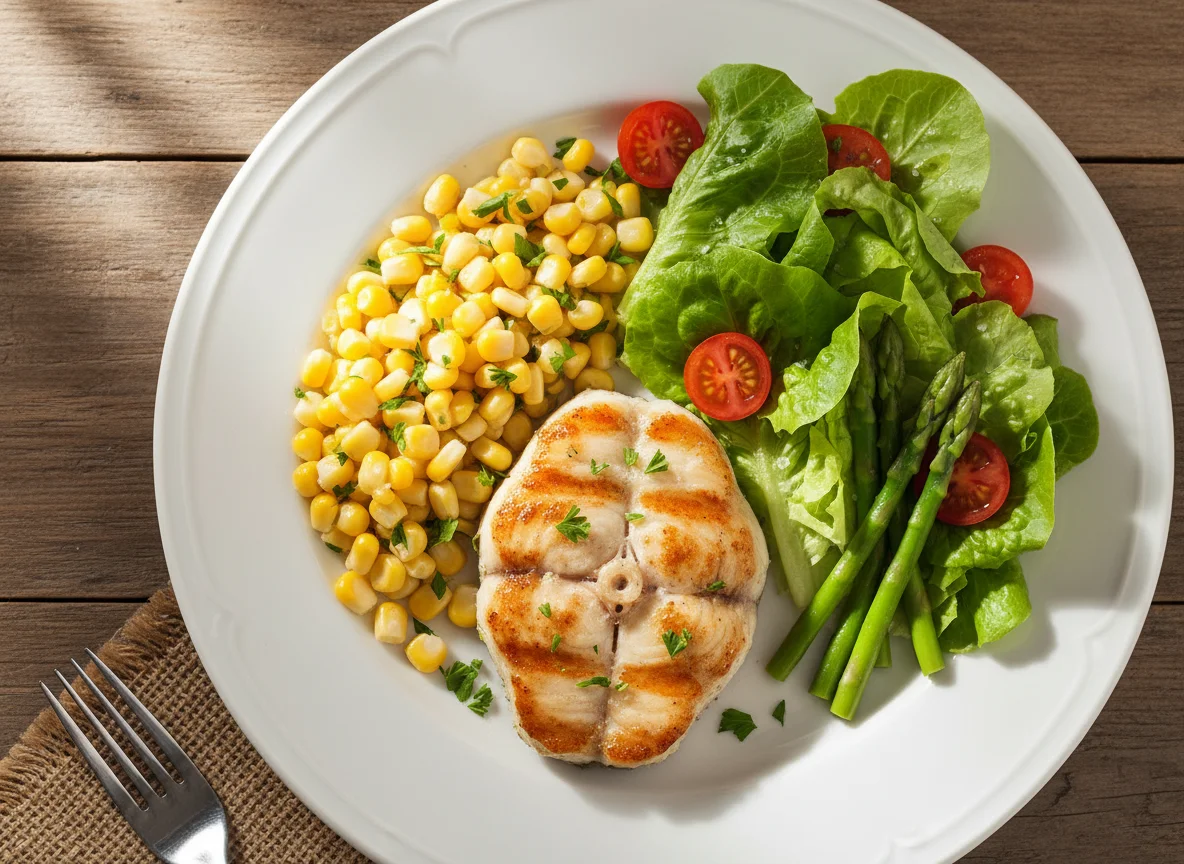 Prato com peixe, milho e salada photo