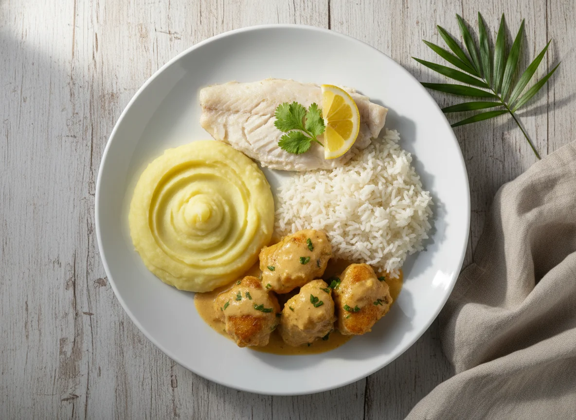 Prato com peixe, purê, arroz e frango ao molho photo