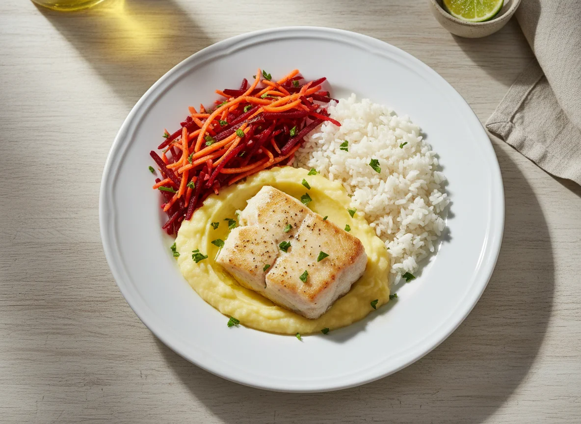 Prato com peixe, purê, arroz e salada photo