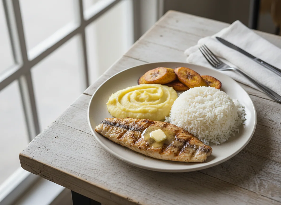 Prato com peixe, purê e arroz photo