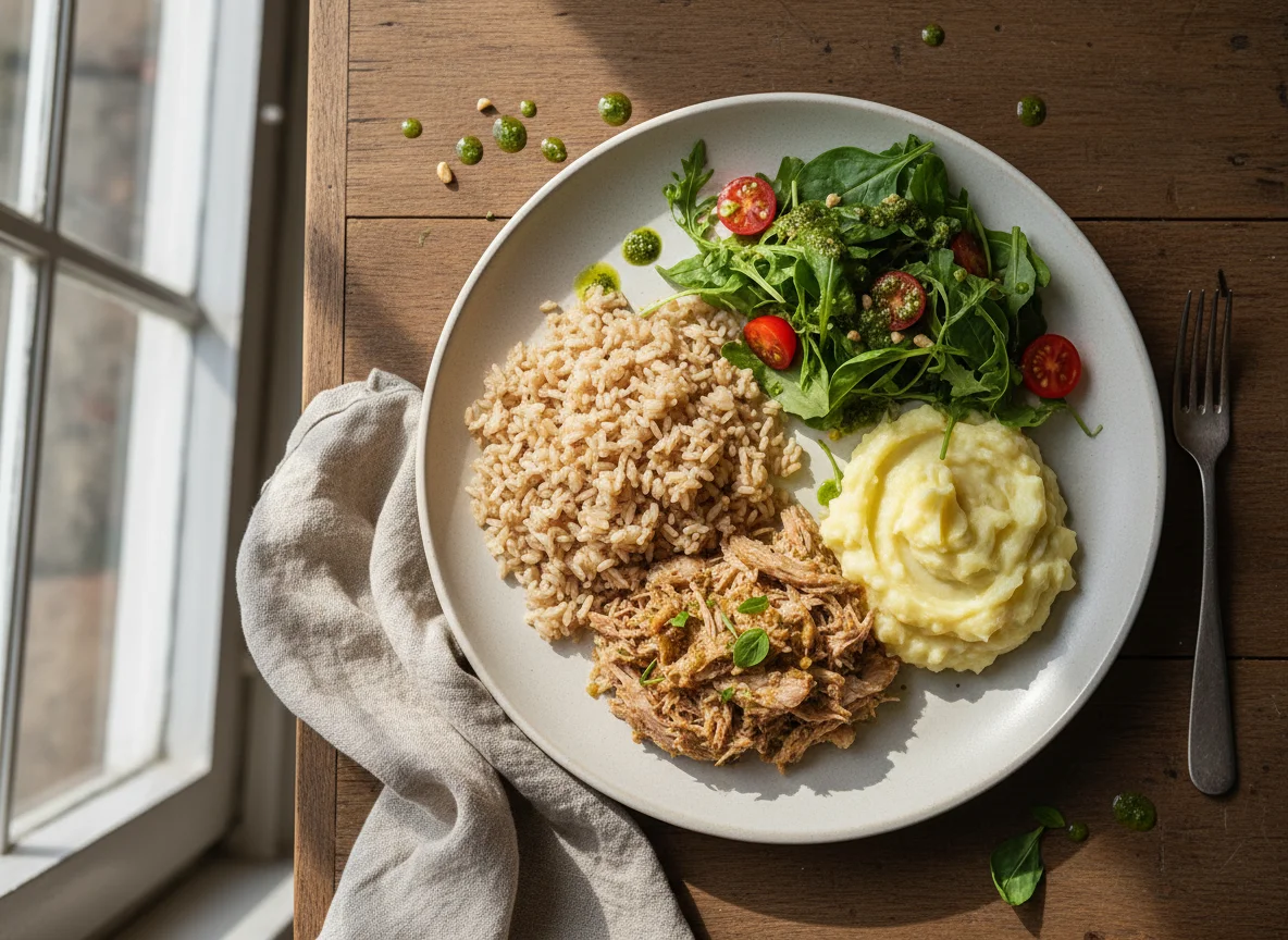 Prato com Pernil, Arroz, Salada e Purê photo