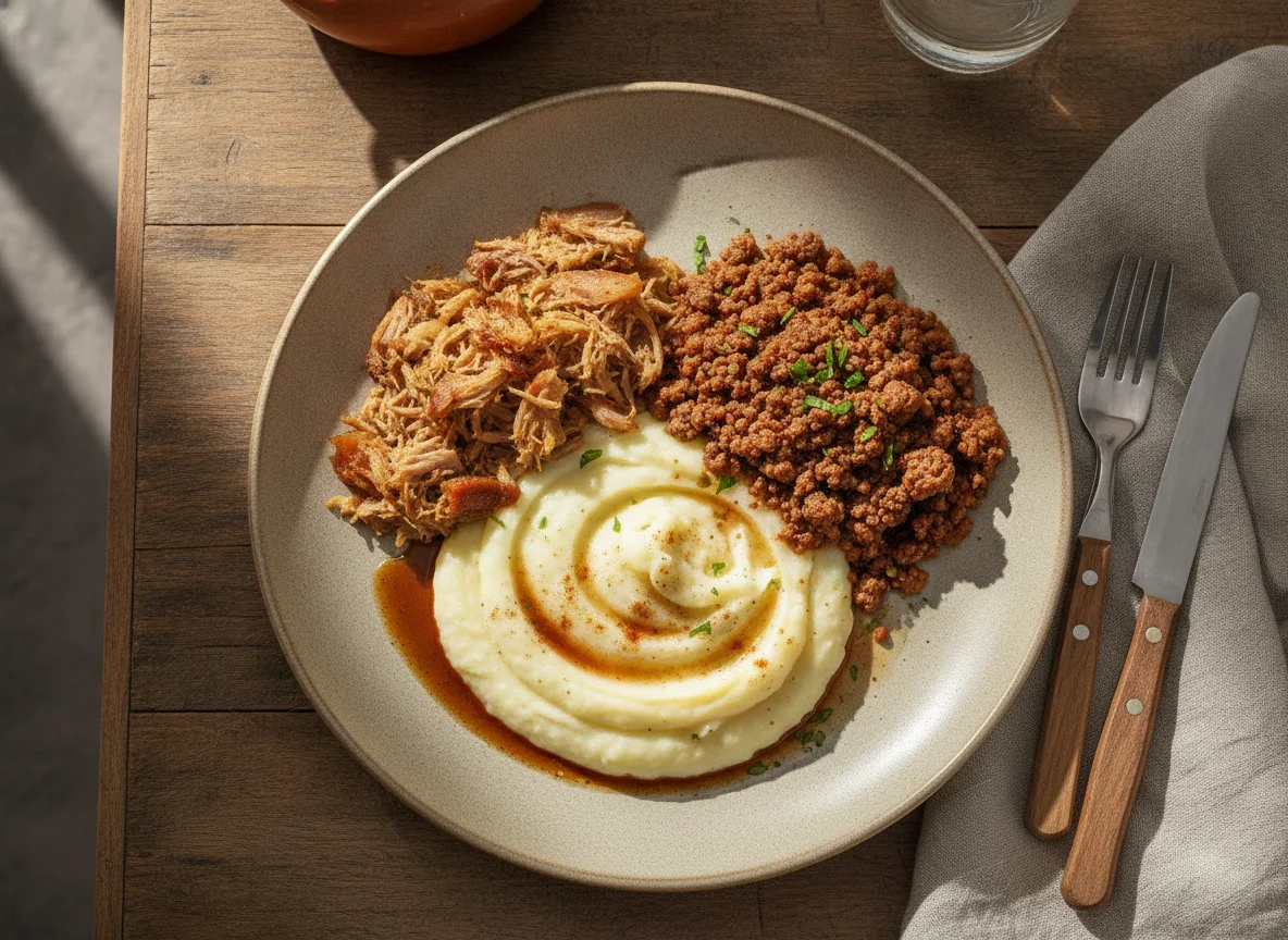 Prato com pernil desfiado, carne moída e purê de batata photo