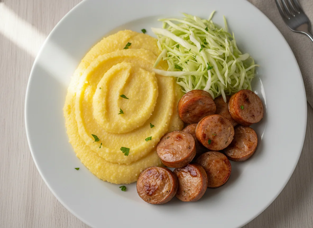Prato com polenta, linguiça e repolho photo
