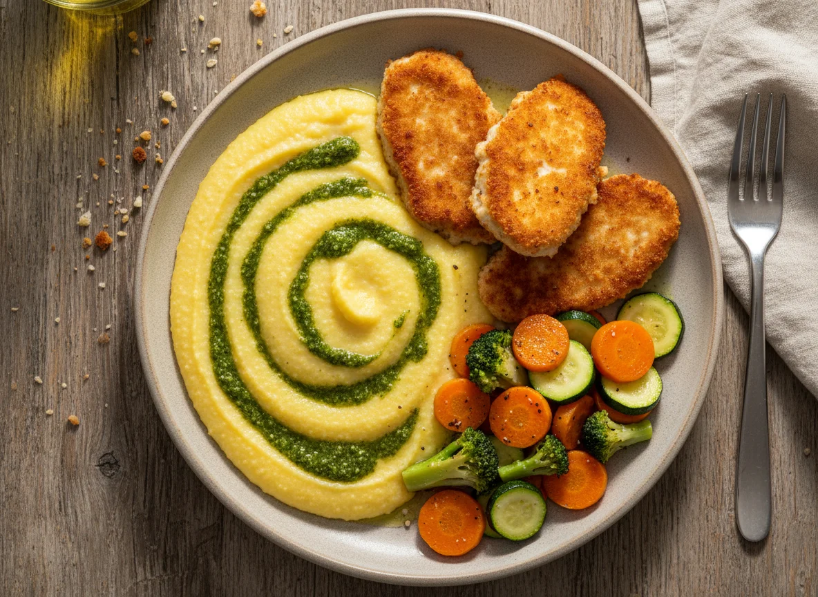 Prato com polenta, vegetais e empanados photo