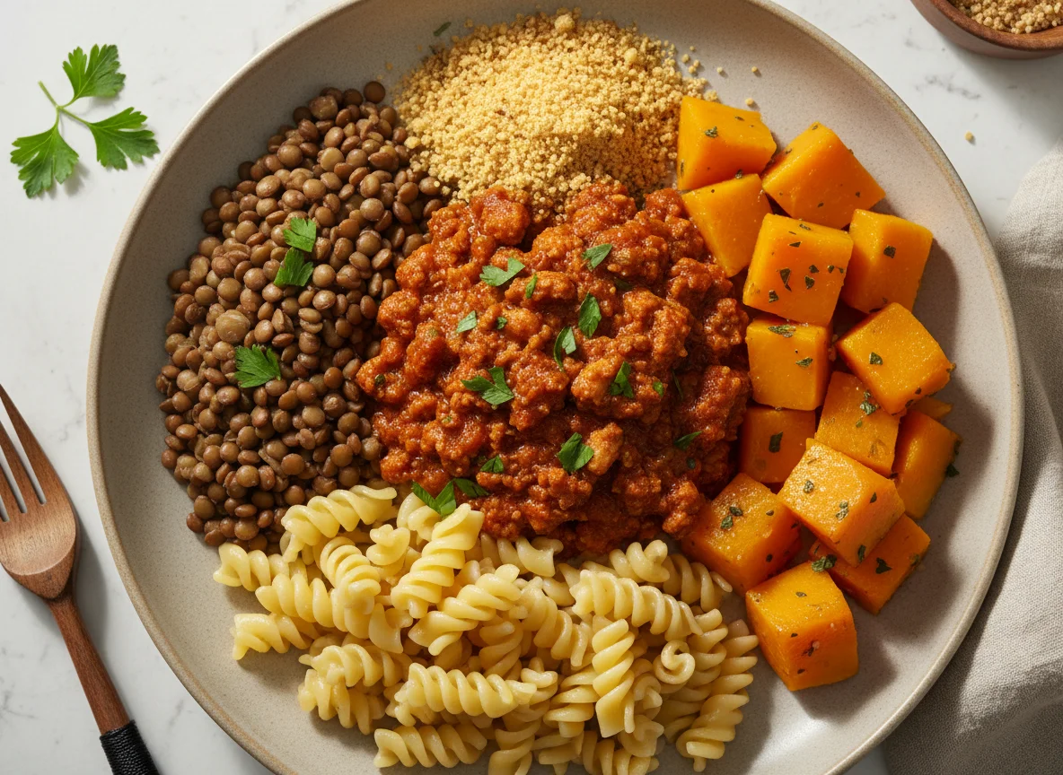 Prato com proteína de soja, lentilha, macarrão e abóbora photo