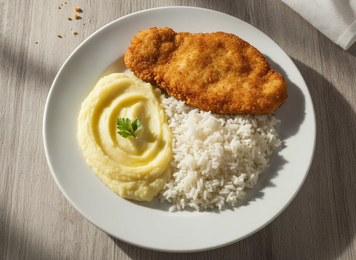 Prato com purê, arroz e frango empanado photo