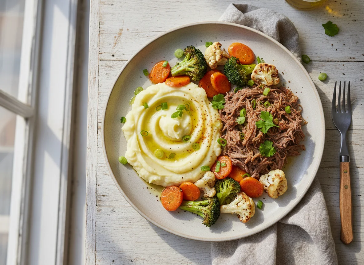 Prato com purê, carne desfiada e vegetais assados photo