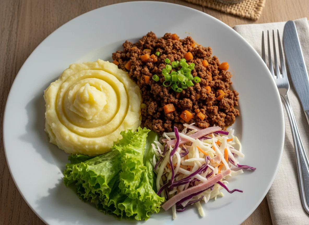 Prato com purê, carne moída e salada photo