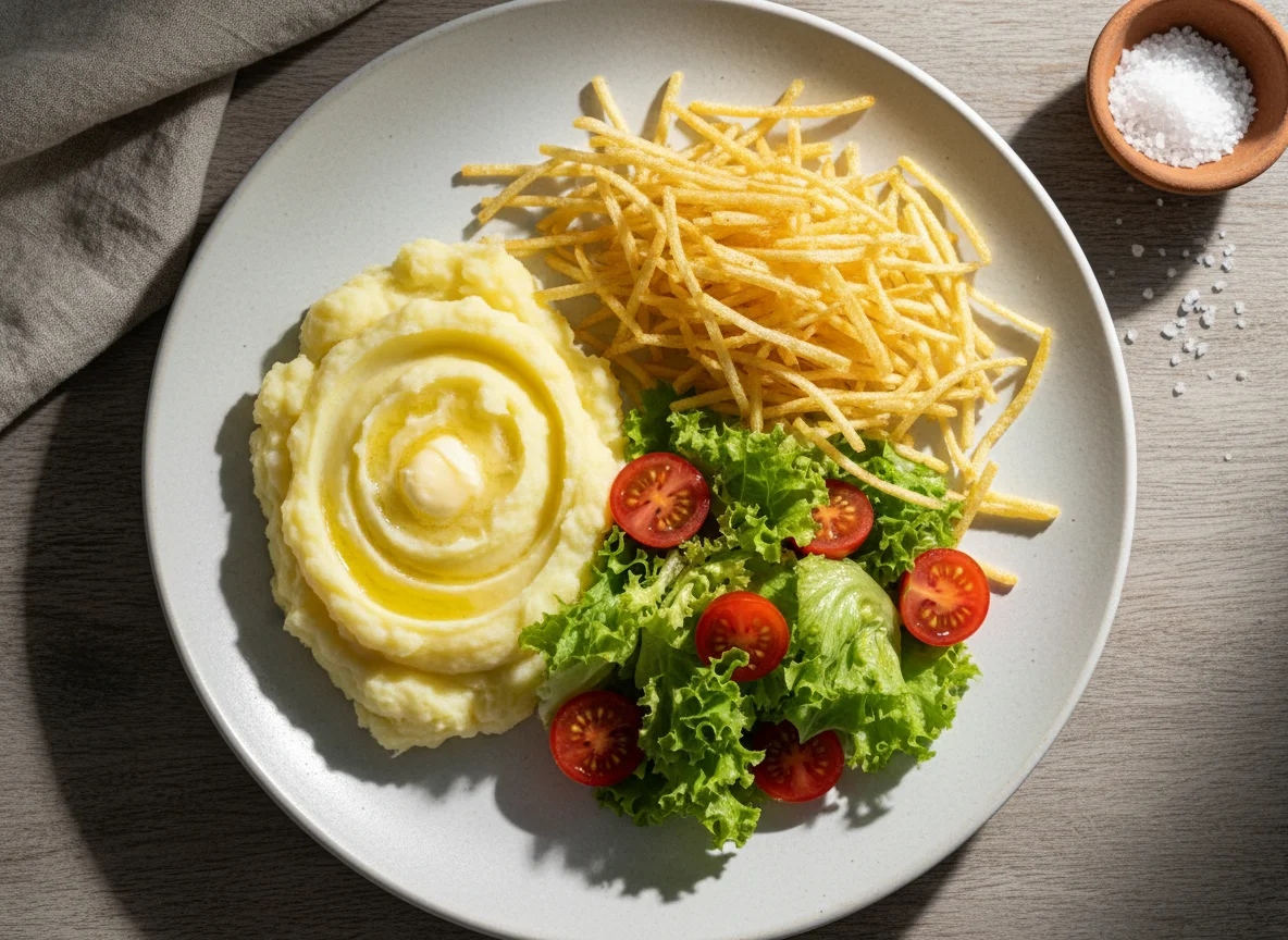 Prato com purê de batata, batata palha e salada photo