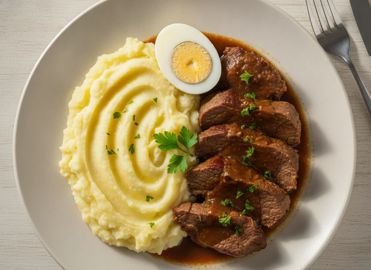 Prato com purê de batata, carne e ovo cozido photo