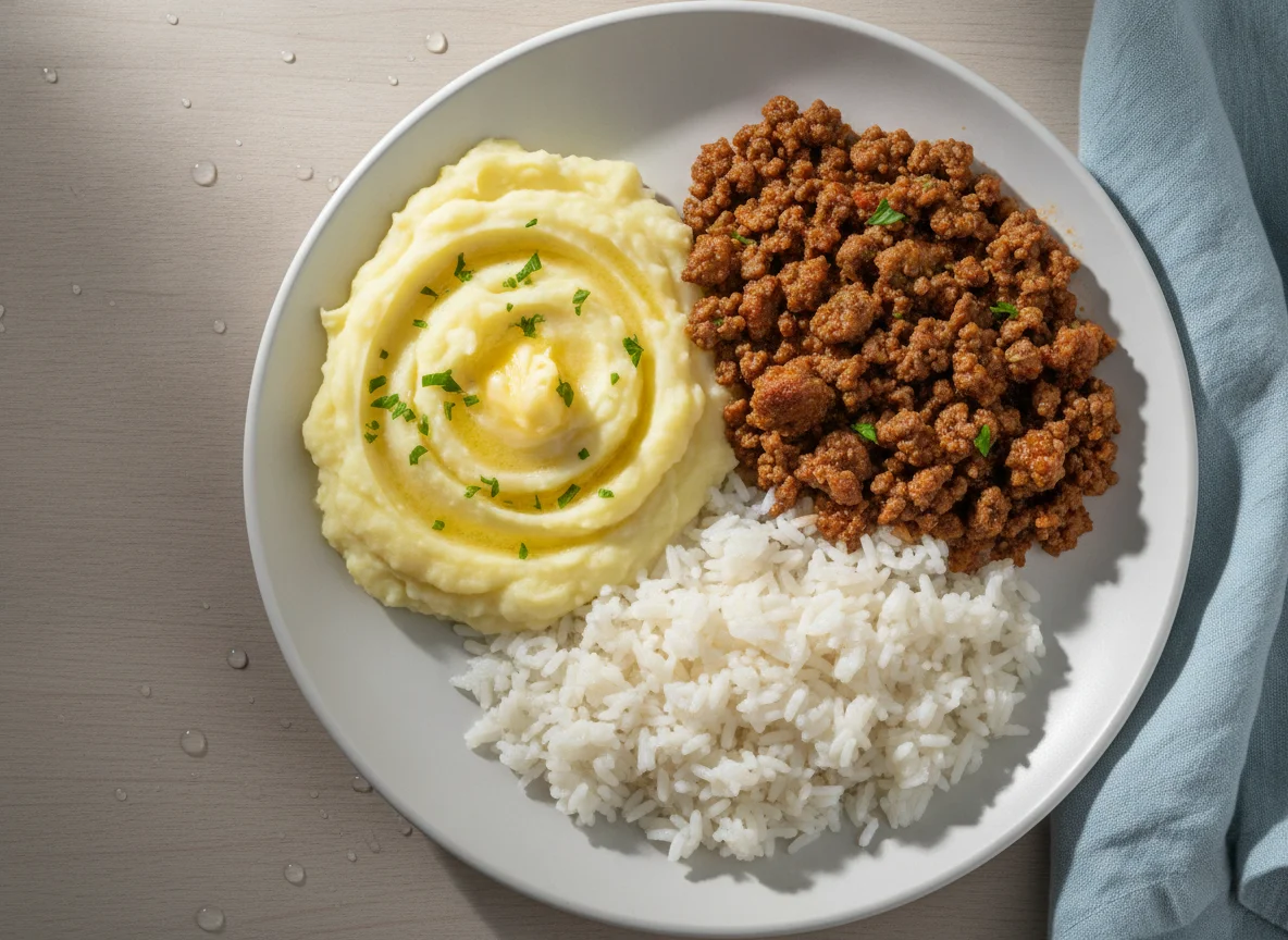 Prato com purê de batata, carne moída e arroz photo